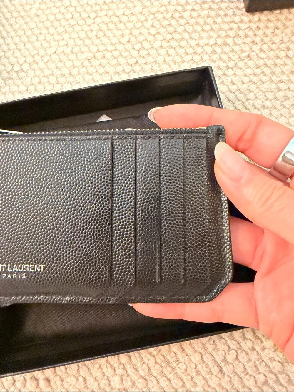 Saint Laurent Black Pebbled Leather Zip Card Case with Gold Logo